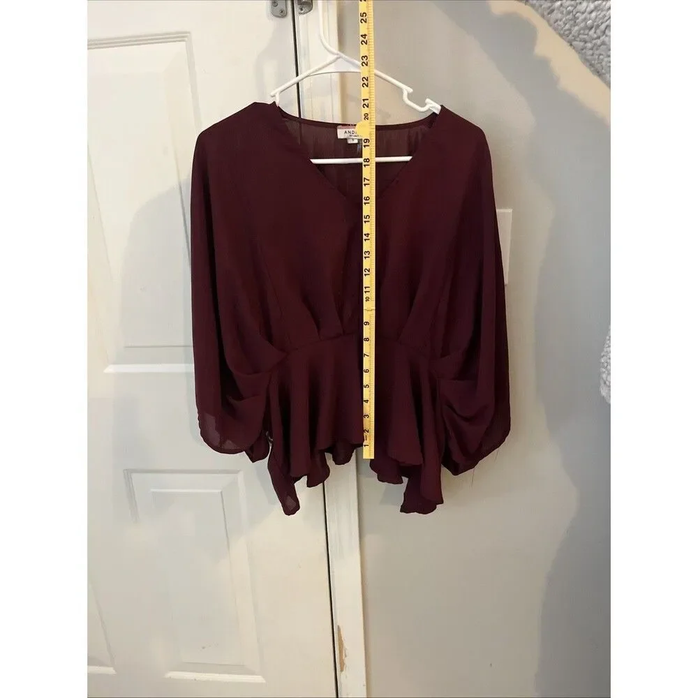 Andree by Unit Burgundy Wine Peplum Top 3/4 Sleeve Small Ruffle Detail Boho